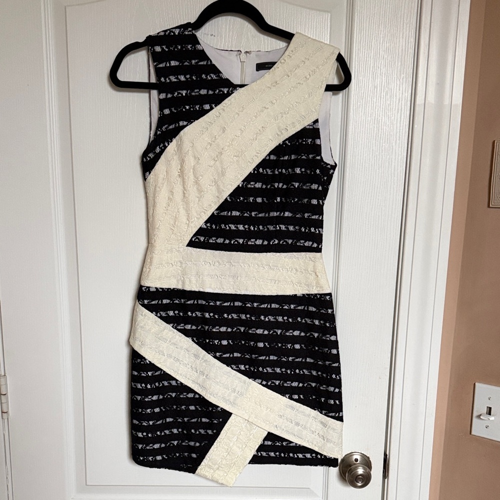 BCBGMaxAzria DALIA Black and Cream Diagonal Stripe Mini Dress